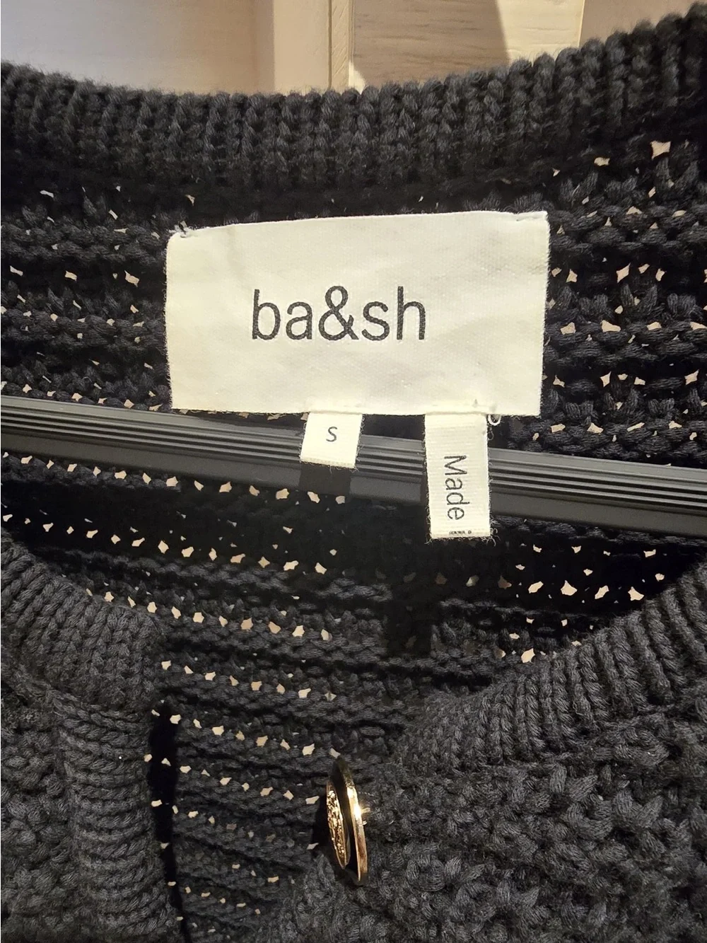 ba&sh Black Open-Knit Cardigan with Gold-Tone Button - Picture 2 of 2